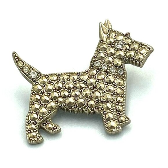 Vtg Scottie Terrier Dog Pin Brooch Silver Toned Metal Faux Marcasite Rhinestones - Picture 1 of 5